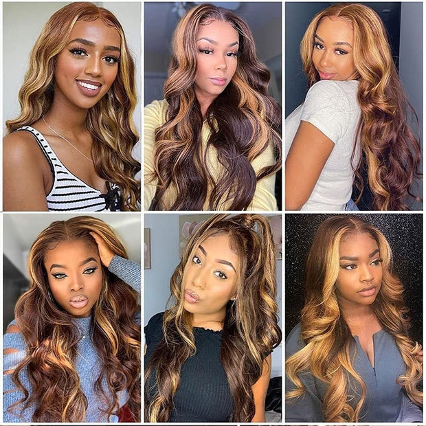 Highlights Honey Blonde V Part 100% Human Hair Wigs Ombre Brown Bouncy Wave Peruvian