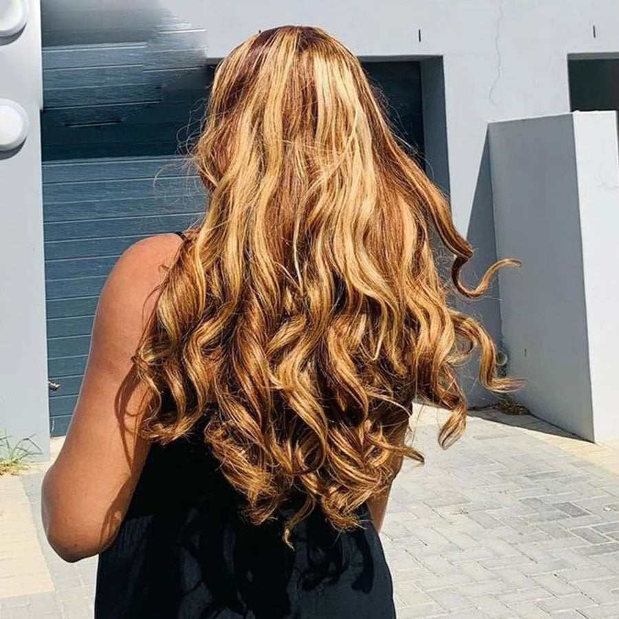 Highlight Honey Golden Blonde Loose Wave V Part Wigs Wavy 100% Human Hair Wig Glueless