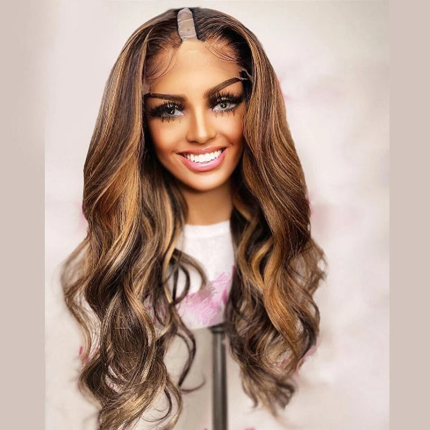 Highlights Honey Blonde V Part 100% Human Hair Wigs Ombre Brown Bouncy Wave Peruvian