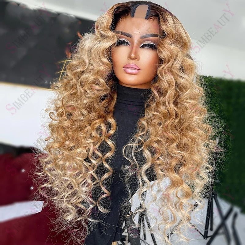 Honey Blonde Deep Curly 1X4 V Part Wigs 100% Human Hair Wigs  Brazilian Hair