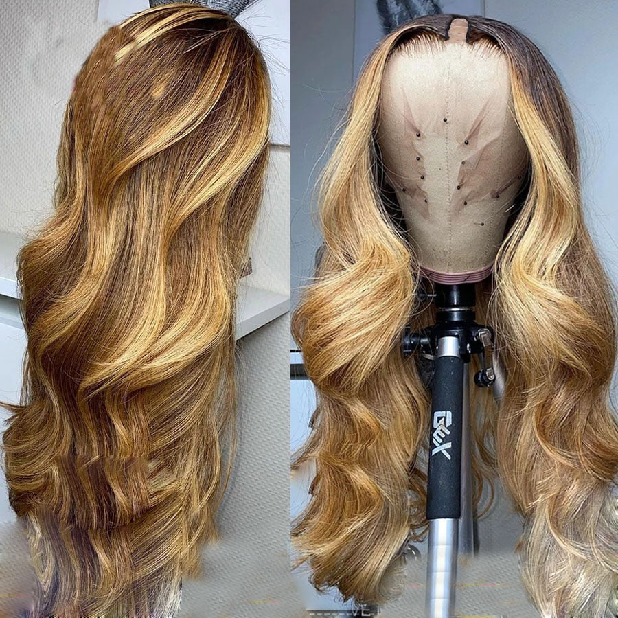 Highlight Honey Golden Blonde Loose Wave V Part Wigs Wavy 100% Human Hair Wig Glueless