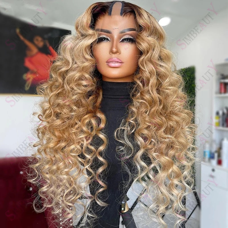 Honey Blonde Deep Curly 1X4 V Part Wigs 100% Human Hair Wigs  Brazilian Hair