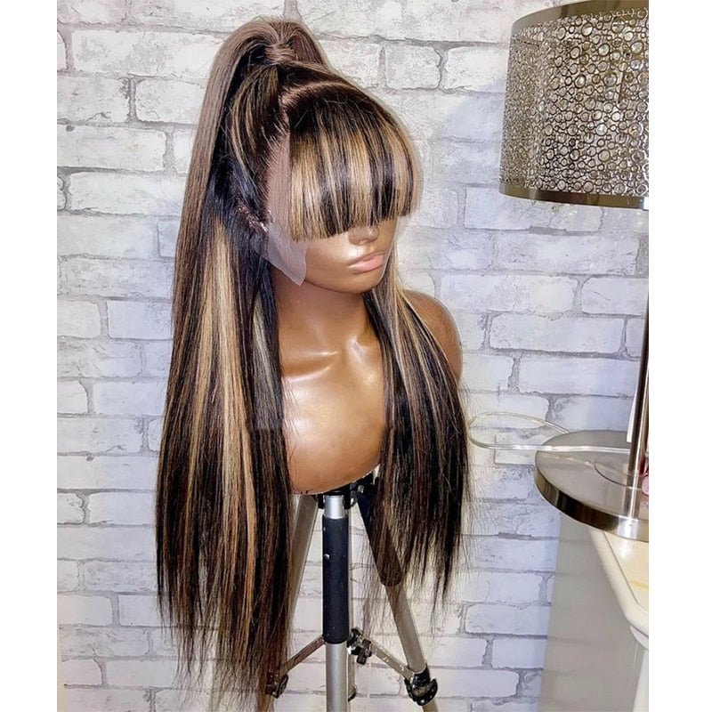 Fringe Blonde Lace Front Human Hair Wigs with Bangs- PrePlucked Remy