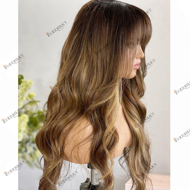 Human Hair Color Brown Blonde Fringe -180 Density Body Wave Ombre Highlight Remy Hair Wigs