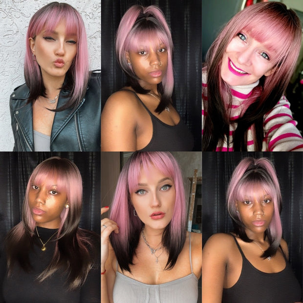 Purple Pink Ombre Black Short Straight Synthetic Wigs With Bangs