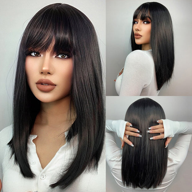 Purple Pink Ombre Black Short Straight Synthetic Wigs With Bangs